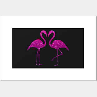 Deep Pink Purple Ombre Faux Glitter Flamingos Silhouette Posters and Art